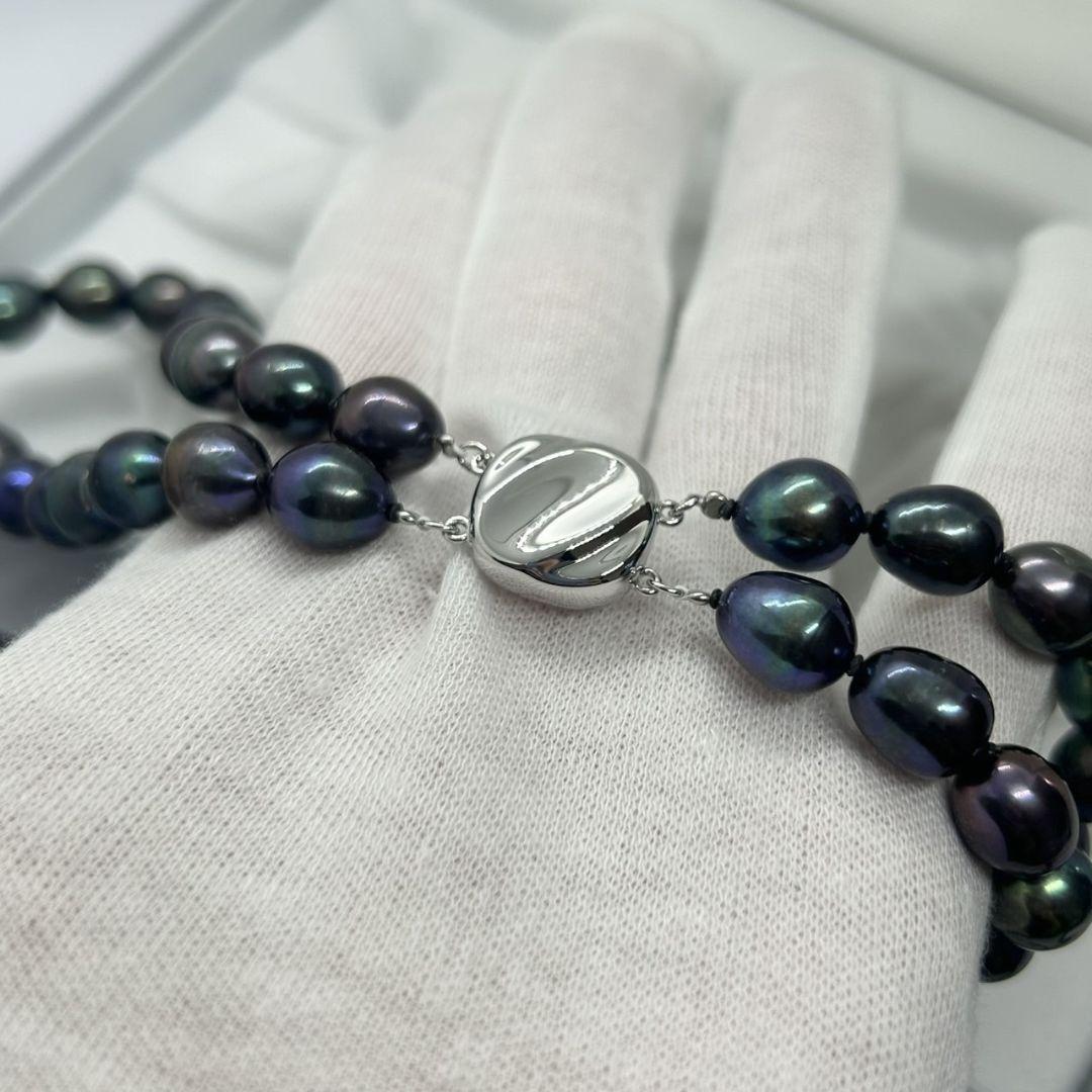 激安ブランド 美品】バロックパール2連ネックレス シルバー刻印入り ブラック アクセサリー