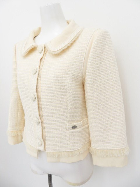 FOXEY　BOUTIQUEジャケット　レディツイード　32388　14年　ホワイト　40　ウールBLEND　中古A1　AP-108681