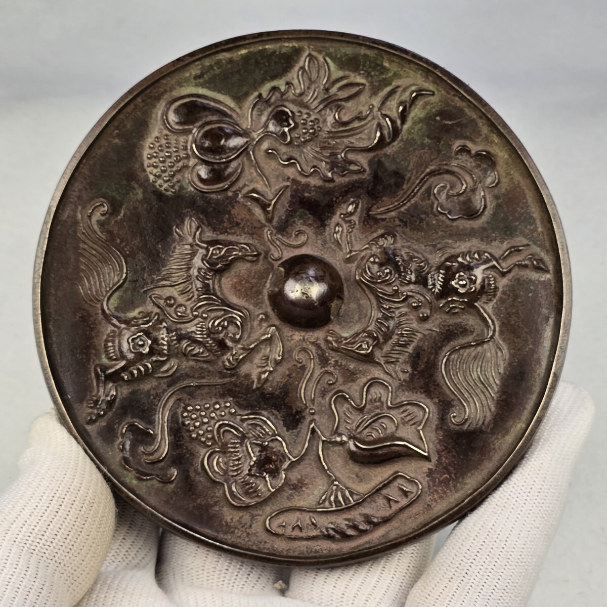 骨董品 青銅器 天馬葡萄鏡 唐鏡 銅鏡 紅斑緑さび 美品 骨董品 青銅器 天馬葡萄鏡 唐鏡 銅鏡 紅斑緑さび 美品