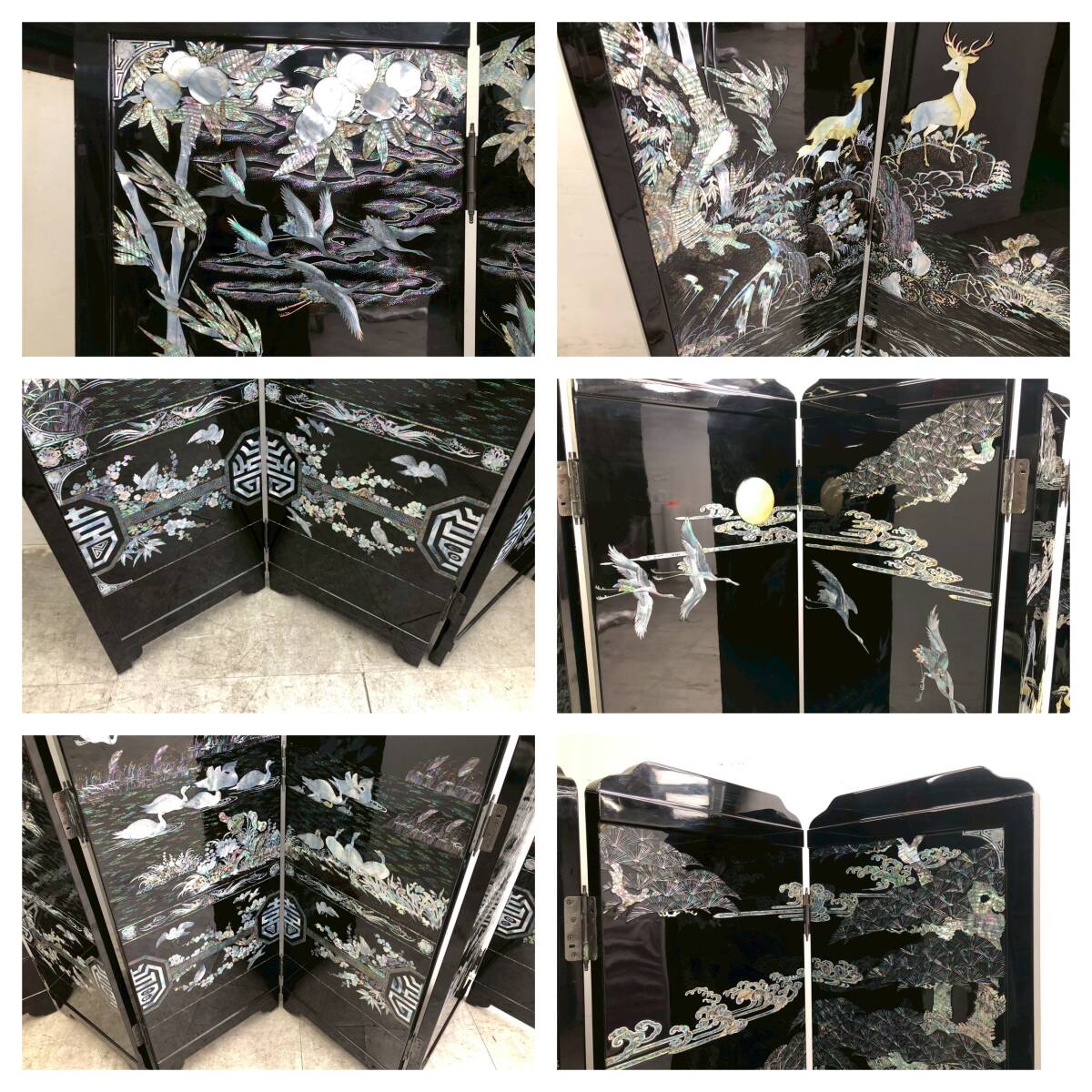 R6974☆展示品☆螺鈿細工☆中国伝統工芸☆最高級☆六曲一双屏風 R6974☆展示品☆螺鈿細工☆中国伝統工芸☆最高級☆六曲一双屏風