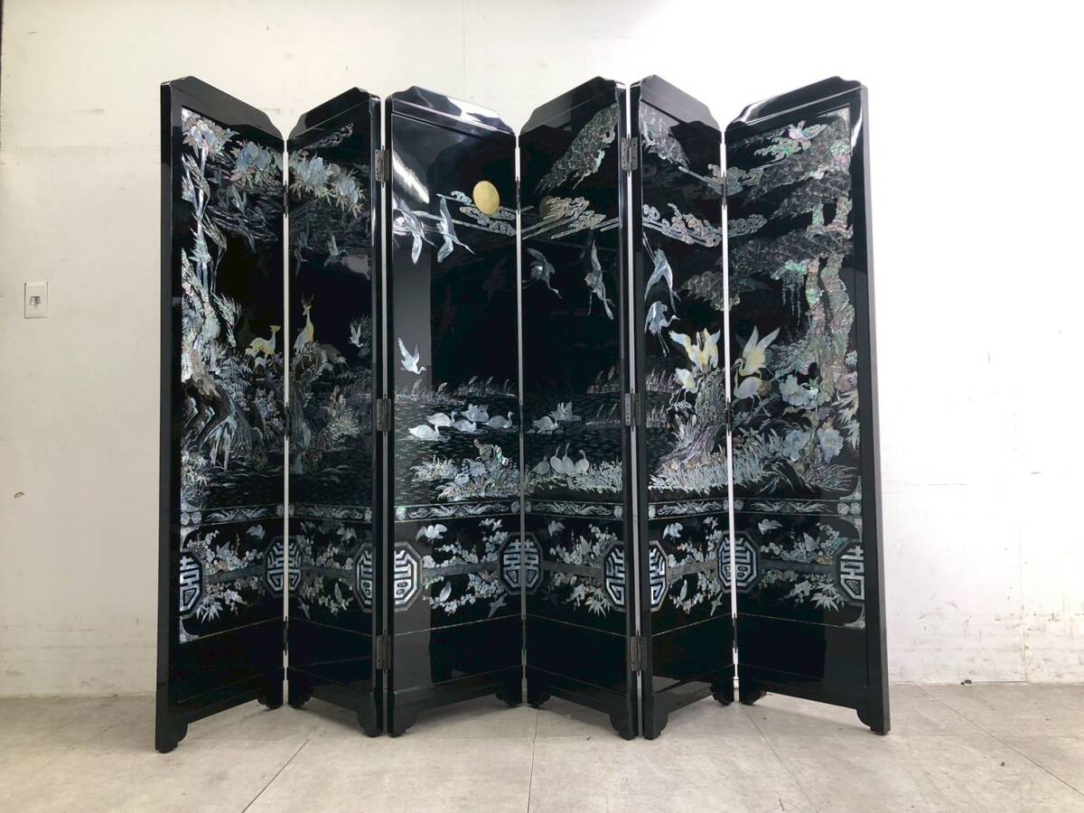 R6974☆展示品☆螺鈿細工☆中国伝統工芸☆最高級☆六曲一双屏風 R6974☆展示品☆螺鈿細工☆中国伝統工芸☆最高級☆六曲一双屏風