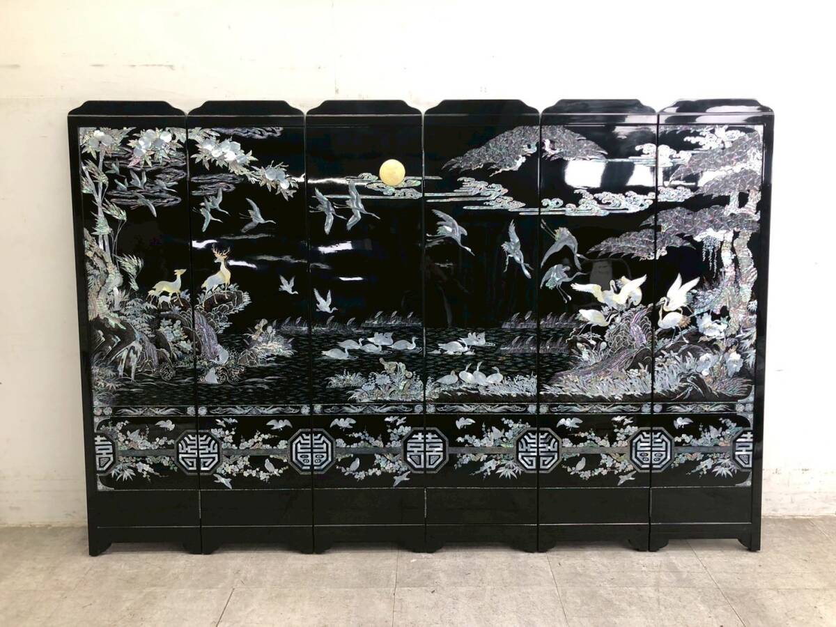 R6974☆展示品☆螺鈿細工☆中国伝統工芸☆最高級☆六曲一双屏風 R6974☆展示品☆螺鈿細工☆中国伝統工芸☆最高級☆六曲一双屏風