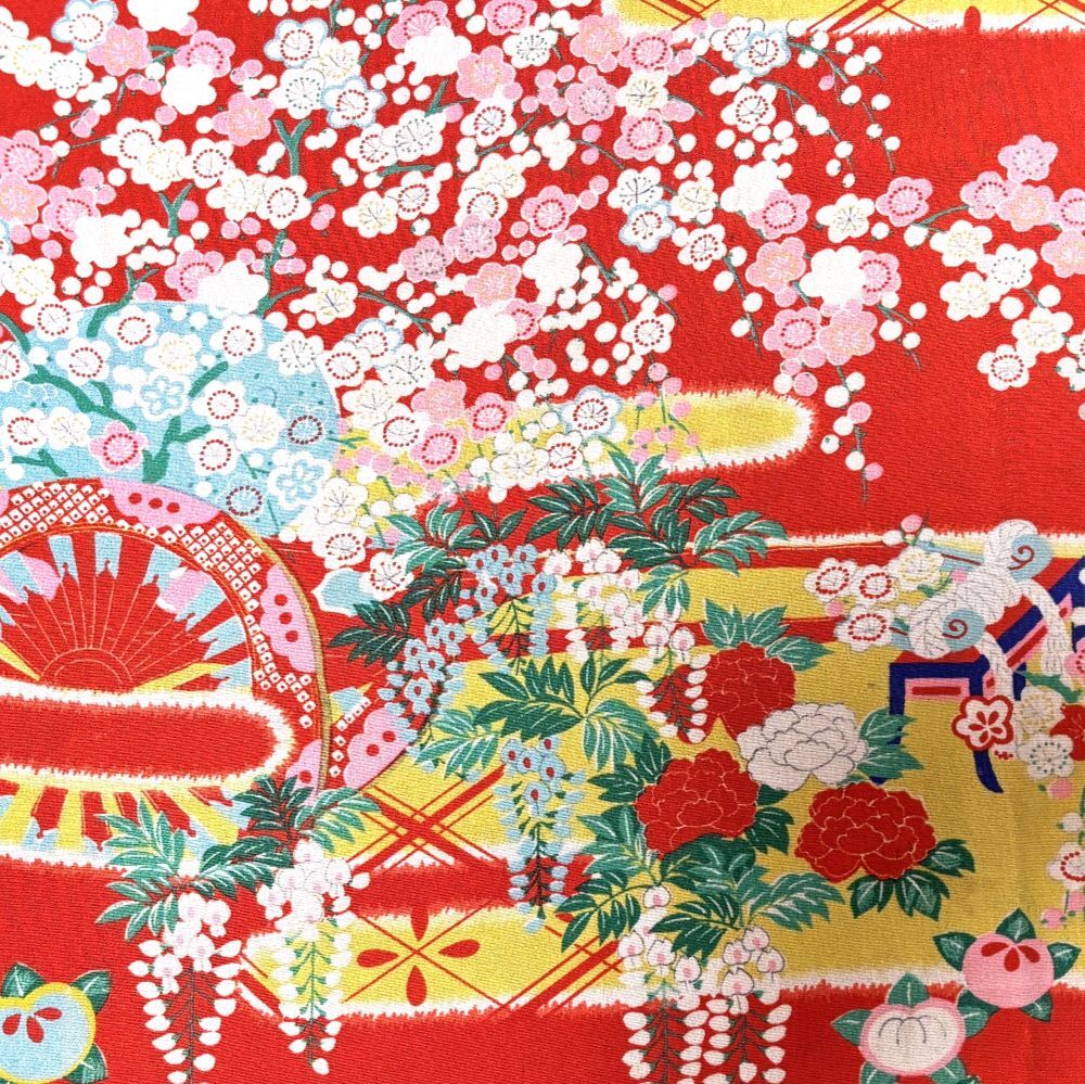 古布*縮緬*和素材】正絹 錦紗*ヱ霞に花車花笠 小柄 2枚組 古布*縮緬*和素材】正絹 錦紗*ヱ霞に花車花笠 小柄 2枚組