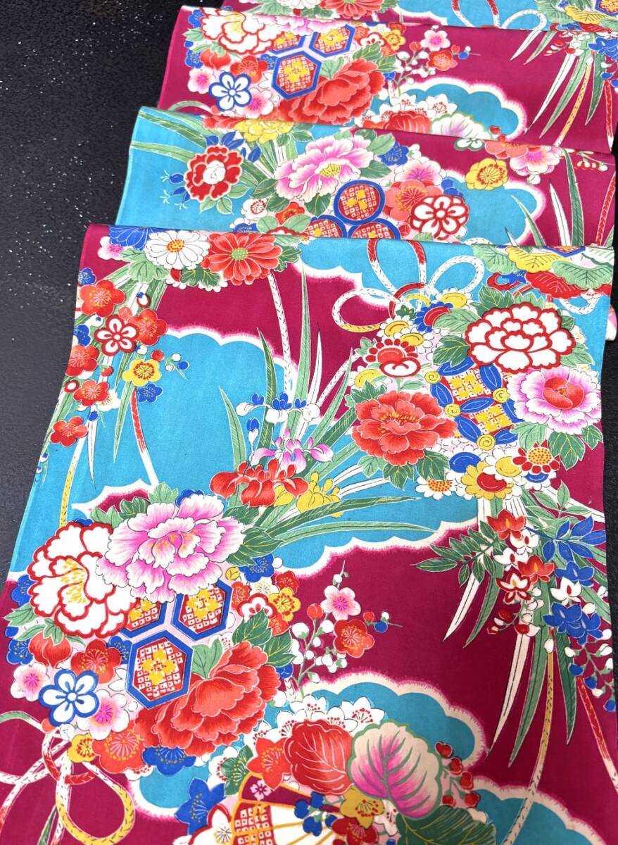 古布*縮緬*和素材】錦紗*雲に花くす玉模様 可愛い 34x136 古布*縮緬*和素材】錦紗*雲に花くす玉模様 可愛い 34x136