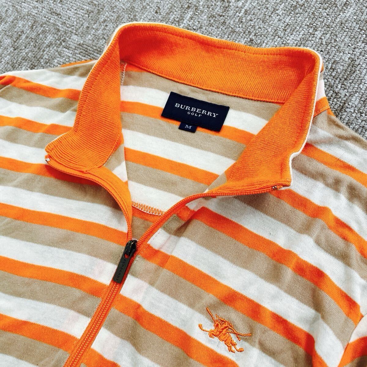 【240】バーバリーゴルフ　Burberry バーバリー　ボーダー　ゴルフウェア　レディースS タートルシャツ　長(zhǎng)袖　ハーフジップ　オレンジ　