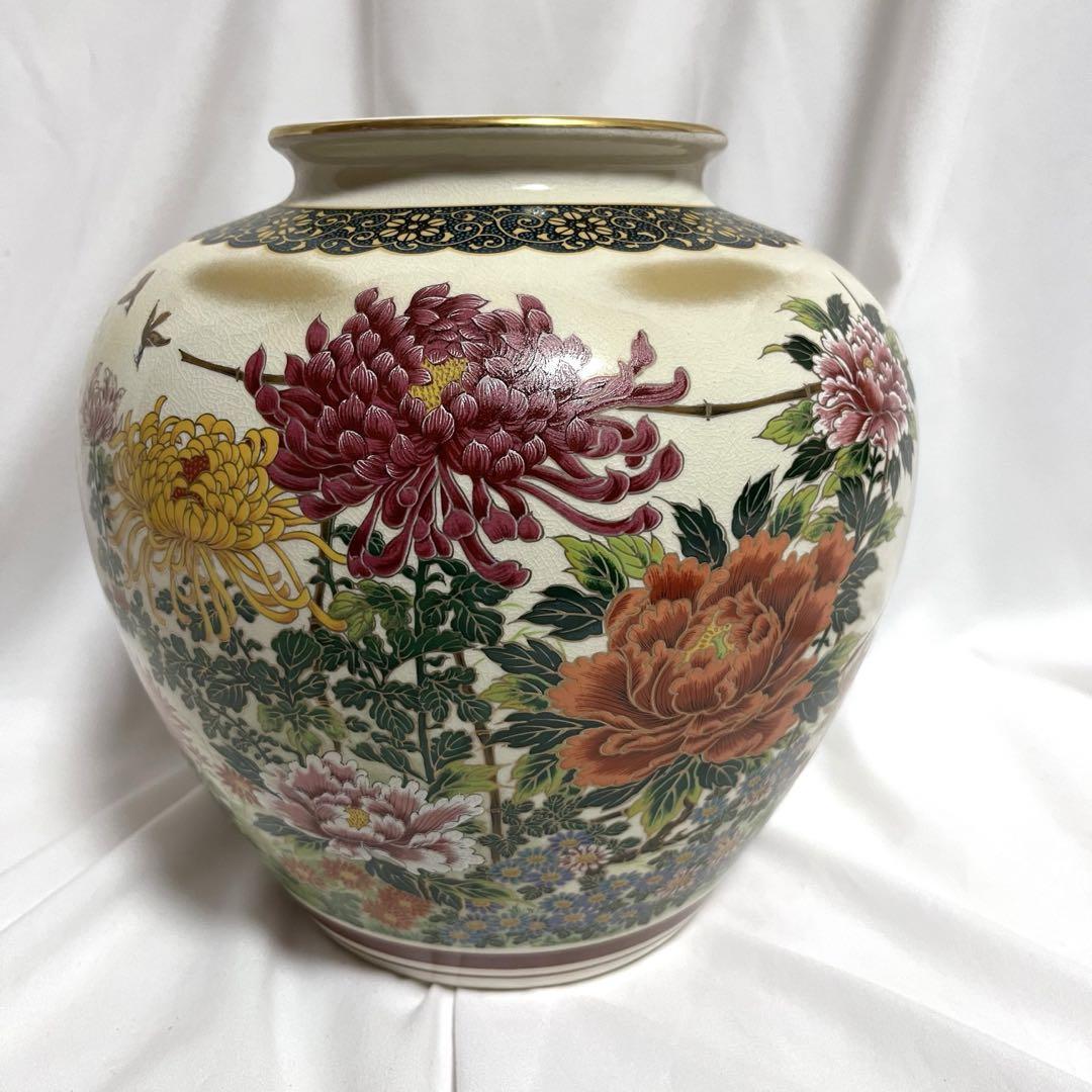 未使用 九谷焼 仙龍窯 花瓶 金彩 壺 壷 牡丹 菊 花鳥絵 花器 木 未使用 九谷焼 仙龍窯 花瓶 金彩 壺 壷 牡丹 菊 花鳥絵 花器 木