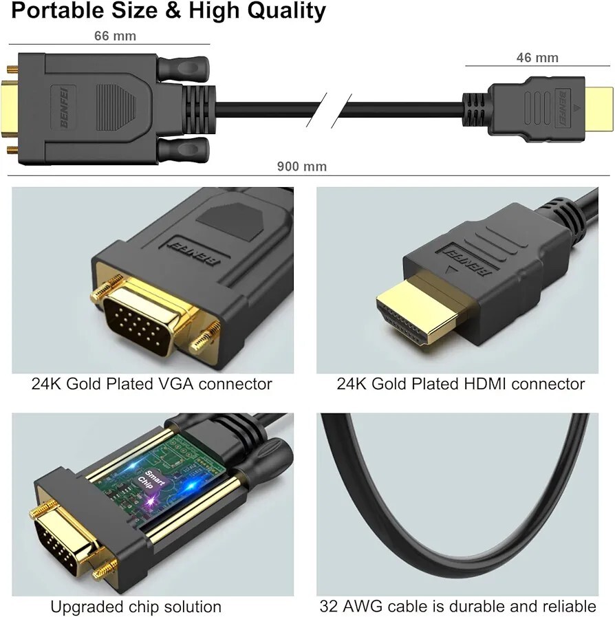 HDMI to VGA Benfei Gold-Plated HDMI to VGA 6 Feet Cable (オス to オス) Compatible for Computer, Desktop PC, Monitor ケーブル 2m