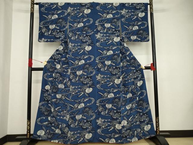 平和屋着物○上質な小紋 流水草花文 藍 型染め 鬼しぼ縮緬 正絹 平和屋着物○上質な小紋 流水草花文 藍 型染め 鬼しぼ縮緬 正絹