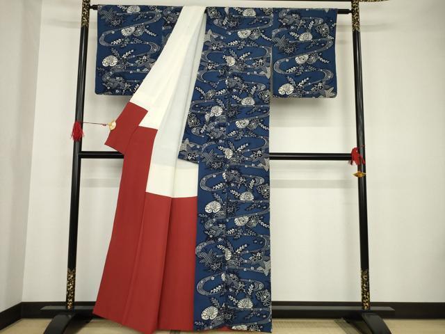 平和屋着物○上質な小紋 流水草花文 藍 型染め 鬼しぼ縮緬 正絹 平和屋着物○上質な小紋 流水草花文 藍 型染め 鬼しぼ縮緬 正絹