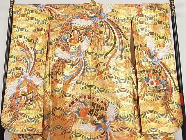 平和屋着物○極上 色打掛 駒刺繍 御所車尾長鳥立波文 金糸 正絹 平和屋着物○極上 色打掛 駒刺繍 御所車尾長鳥立波文 金糸 正絹