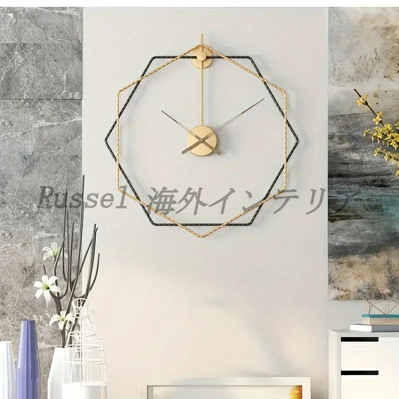 ウォールクロック 20インチ サイレント オクタゴナル モダン ブラック ゴールド お洒落 玄関 ロビー ホテルライク スタイリッシュ 4-7