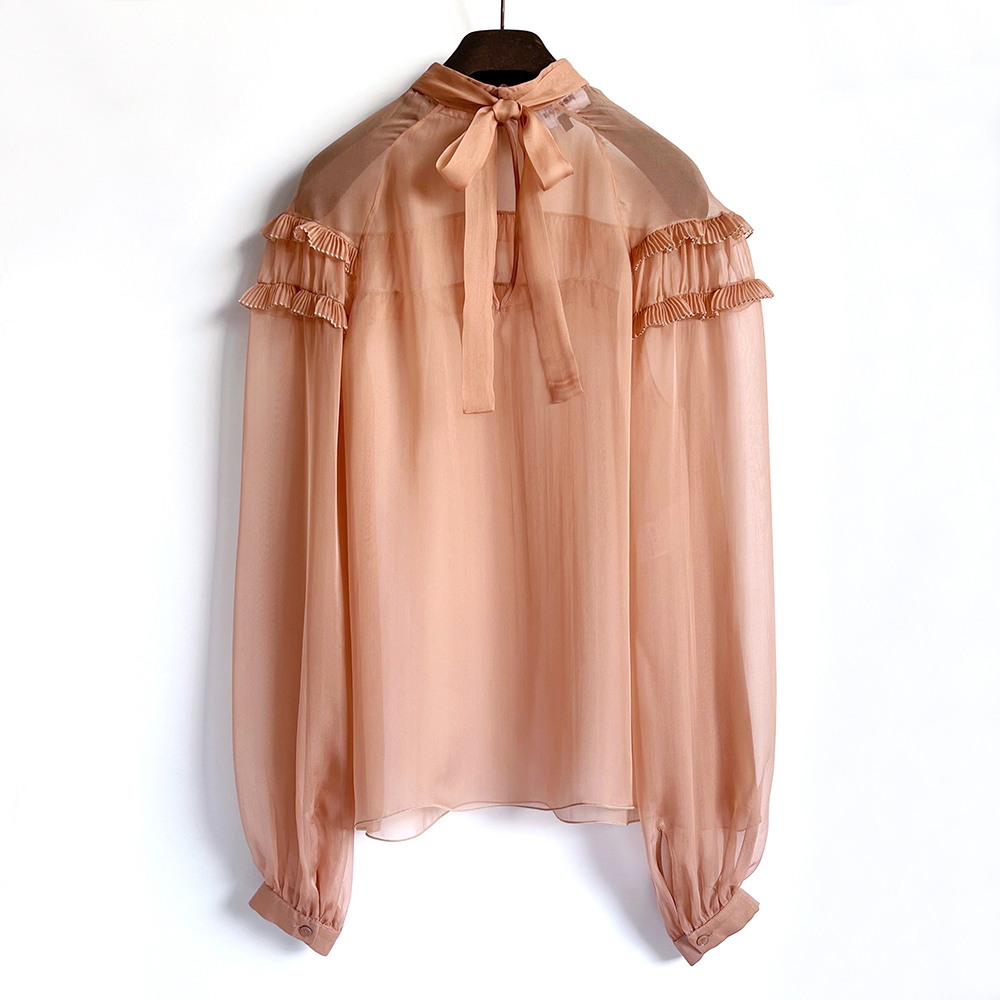 ROCHAS PARIS ロシャス*シルクシフォンリボンブラウス テラコッタピンク プリーツフリル 美品 新品同様 Drawerお好きな方にも