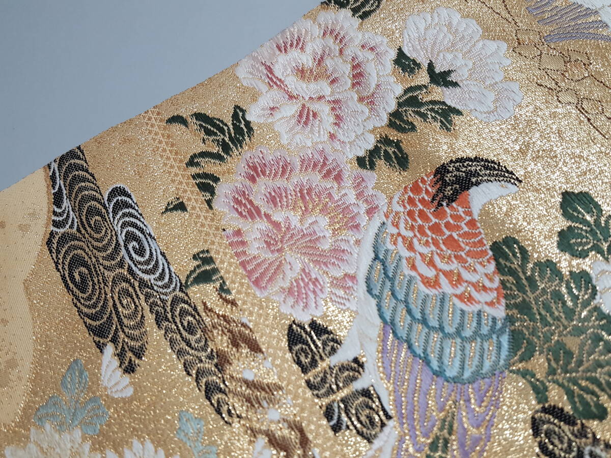 USED品】西陣織 正絹 御所車花紋 袋帯/純金箔99.99%純度の金 USED品】西陣織 正絹 御所車花紋 袋帯/純金箔99.99%純度の金