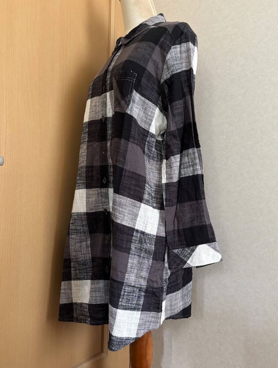 ☆大きいサイズ ４L 白黒チェック柄 パッチワーク風(fēng) ロングシャツ シャツワンピース レディース☆
