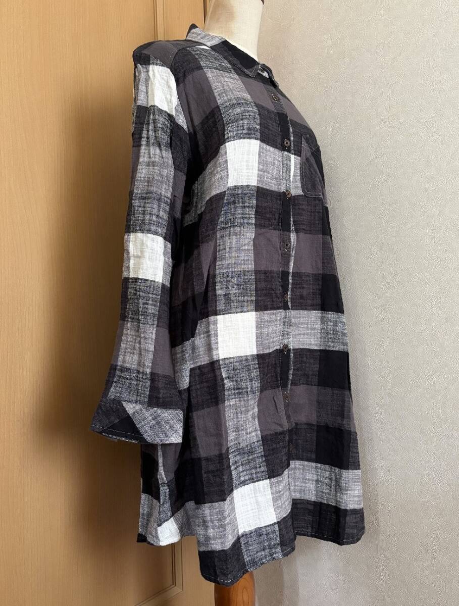 ☆大きいサイズ ４L 白黒チェック柄 パッチワーク風(fēng) ロングシャツ シャツワンピース レディース☆