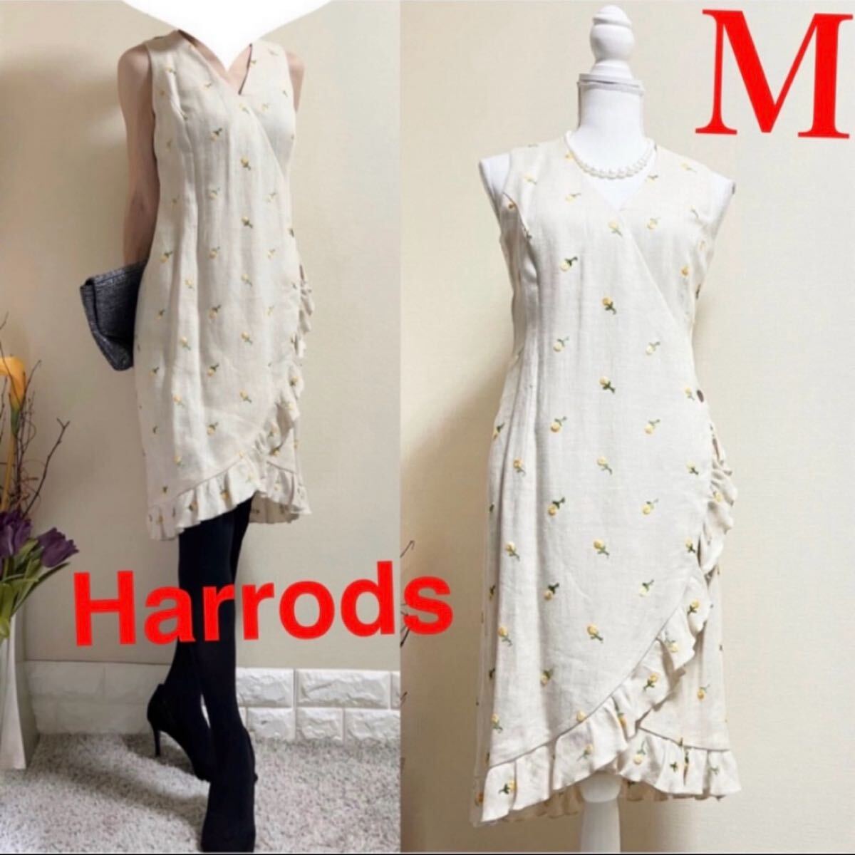 Harrods ハロッズ リネン 麻 小花 刺繍 ワンピース 2 M ベージュ Harrods ハロッズ リネン 麻 小花 刺繍 ワンピース 2 M ベージュ