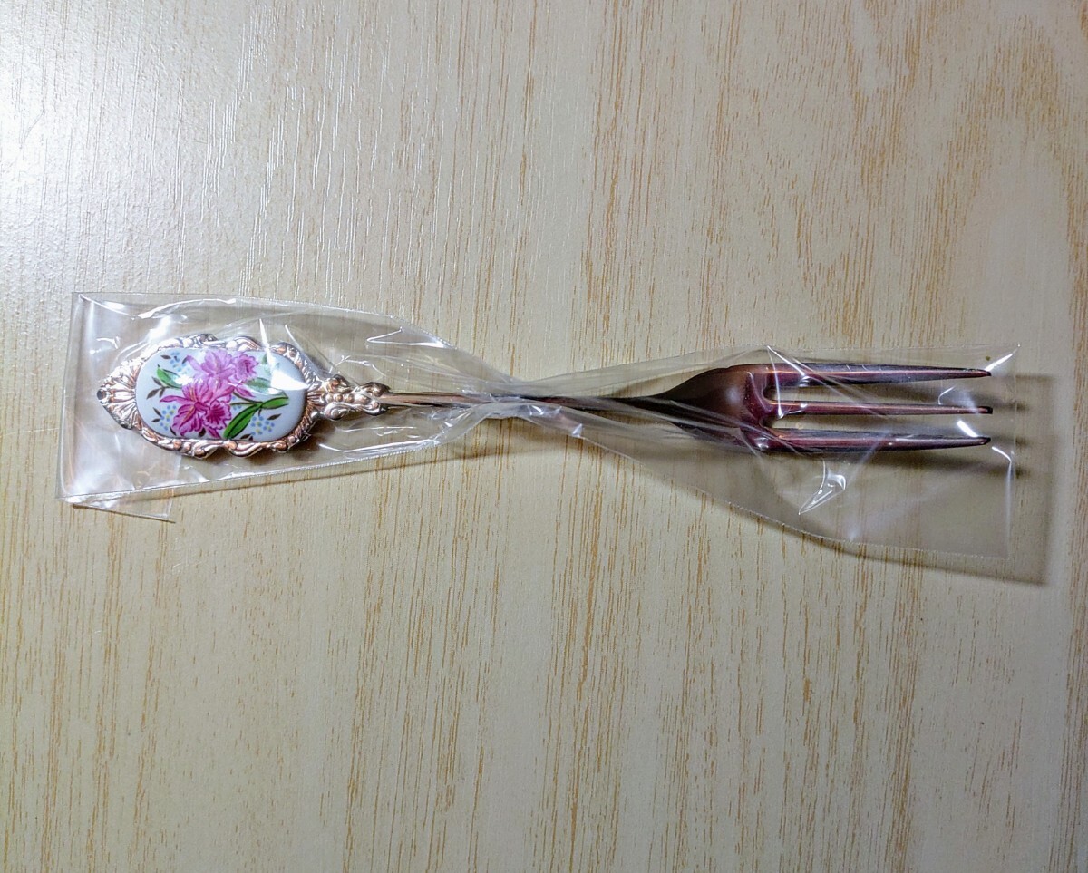 未使用保管品　銀製品　陶石七宝張　ステンレスEPフォーク　５本セット_画像2