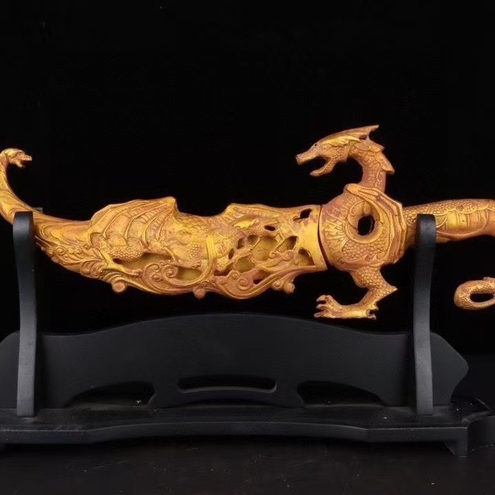 珍寶斎】y402旧家収蔵 古漢代 青銅 金 龍頭腰刀 置物 縦42.5 珍寶斎】y402旧家収蔵 古漢代 青銅 金 龍頭腰刀 置物 縦42.5