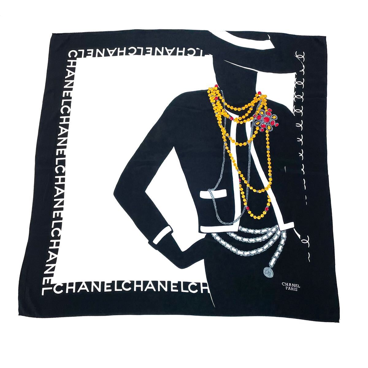 極美品 CHANEL シャネル スカーフ シルク マドモアゼル ロゴ 極美品 CHANEL シャネル スカーフ シルク マドモアゼル ロゴ