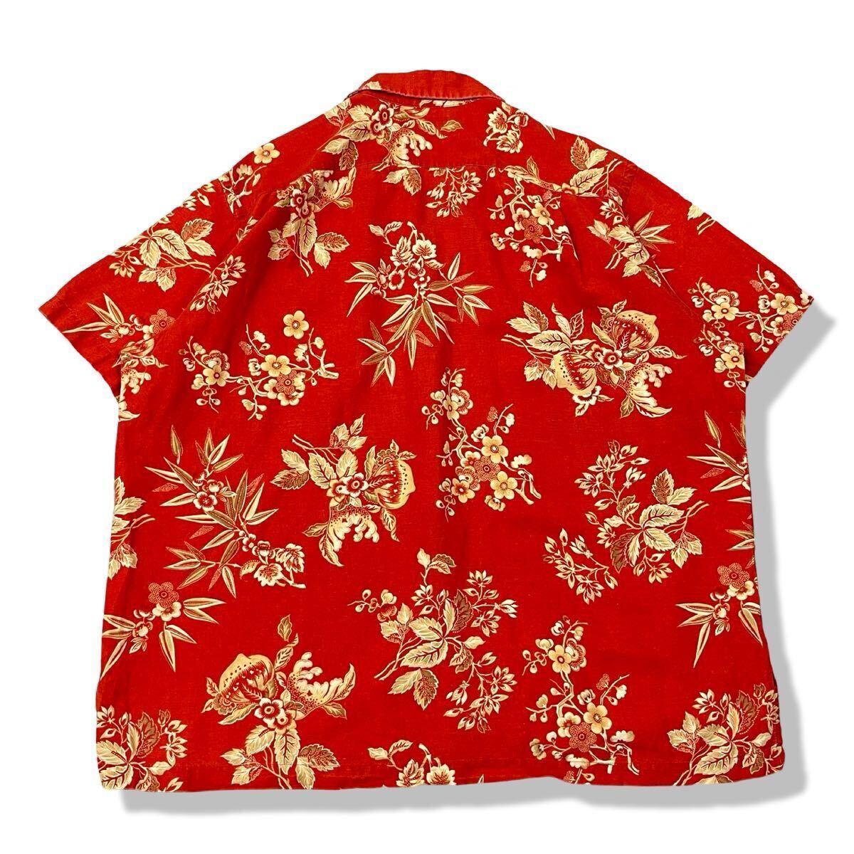 ポロラルフローレン ビンテージキャンプ 開襟 アロハシャツ リネン 総柄 90s ポロラルフローレン ビンテージキャンプ 開襟 アロハシャツ