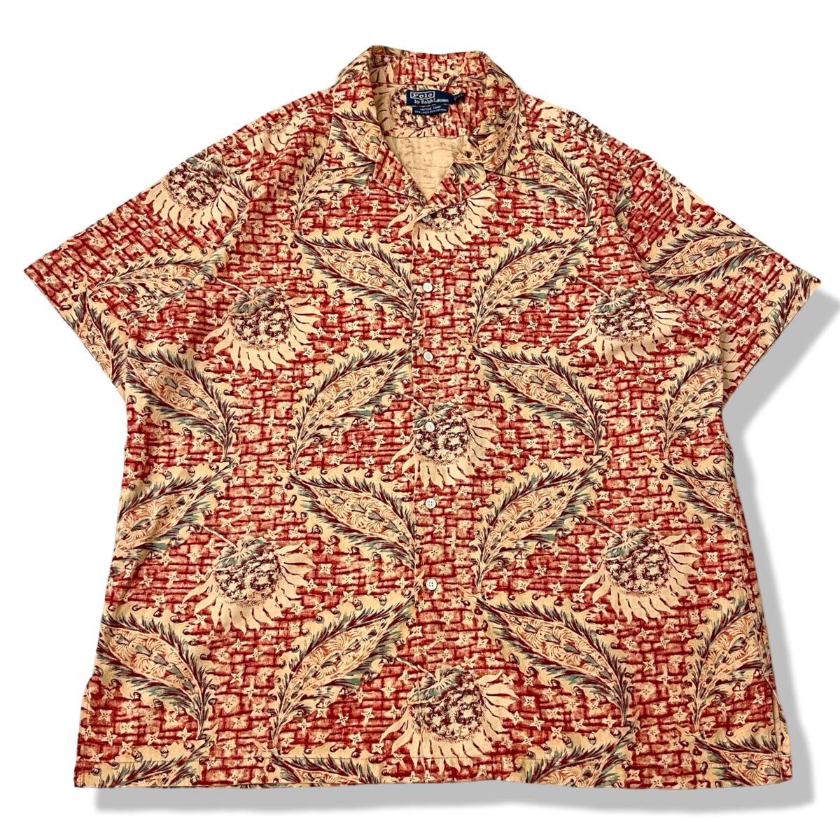 【90s】ポロラルフローレン VINTAGE CAMP リネンコットン 開襟シャツ XL ヴィンテージキャンプ rrl 総柄 半袖 オープンカラー アロハシャツ