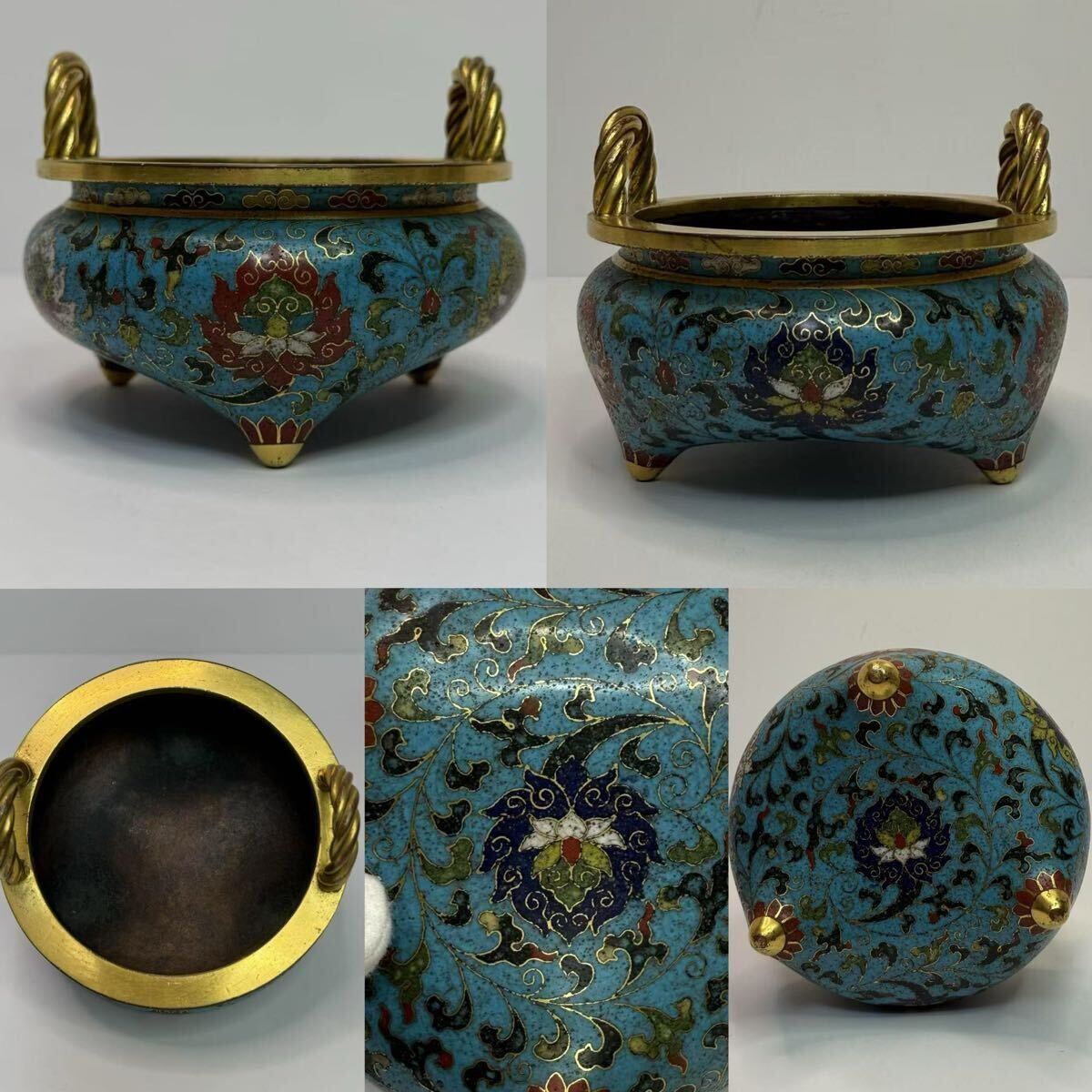 中国古美術 時代物 七宝焼 三足香炉 香炉 蓮図 鍍金 銅製 中国 中国古美術 時代物 七宝焼 三足香炉 香炉 蓮図 鍍金 銅製 中国