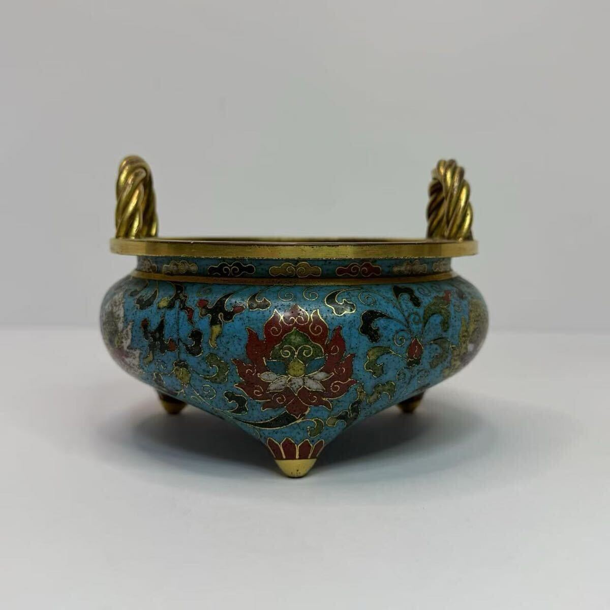 中国古美術 時代物 七宝焼 三足香炉 香炉 蓮図 鍍金 銅製 中国 中国古美術 時代物 七宝焼 三足香炉 香炉 蓮図 鍍金 銅製 中国