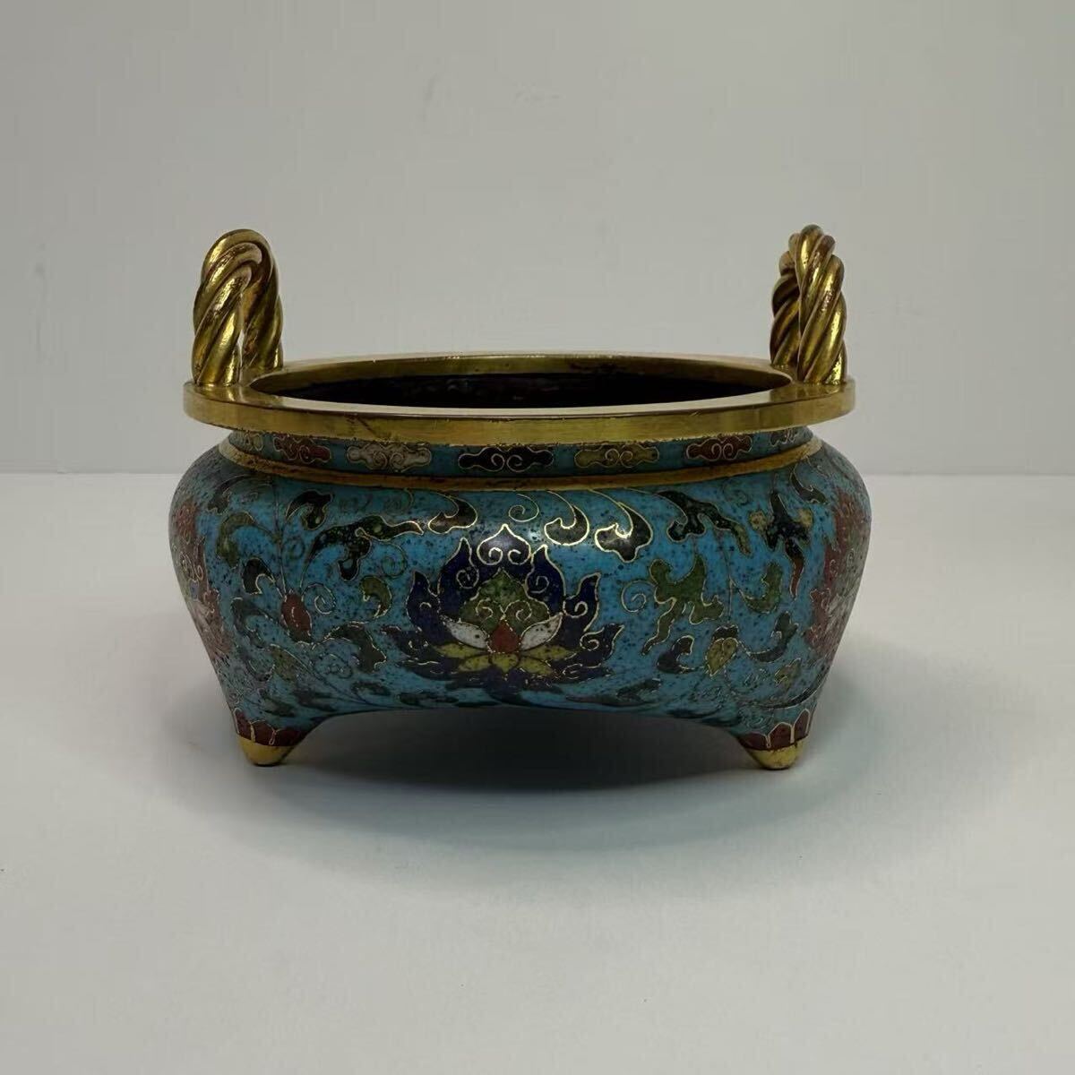 中国古美術 時代物 七宝焼 三足香炉 香炉 蓮図 鍍金 銅製 中国 中国古美術 時代物 七宝焼 三足香炉 香炉 蓮図 鍍金 銅製 中国