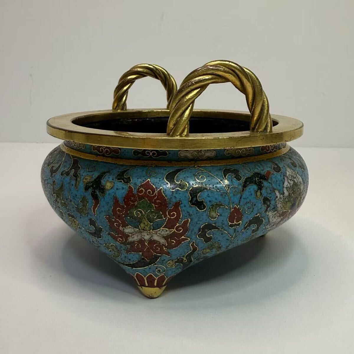 中国古美術 時代物 七宝焼 三足香炉 香炉 蓮図 鍍金 銅製 中国 中国古美術 時代物 七宝焼 三足香炉 香炉 蓮図 鍍金 銅製 中国