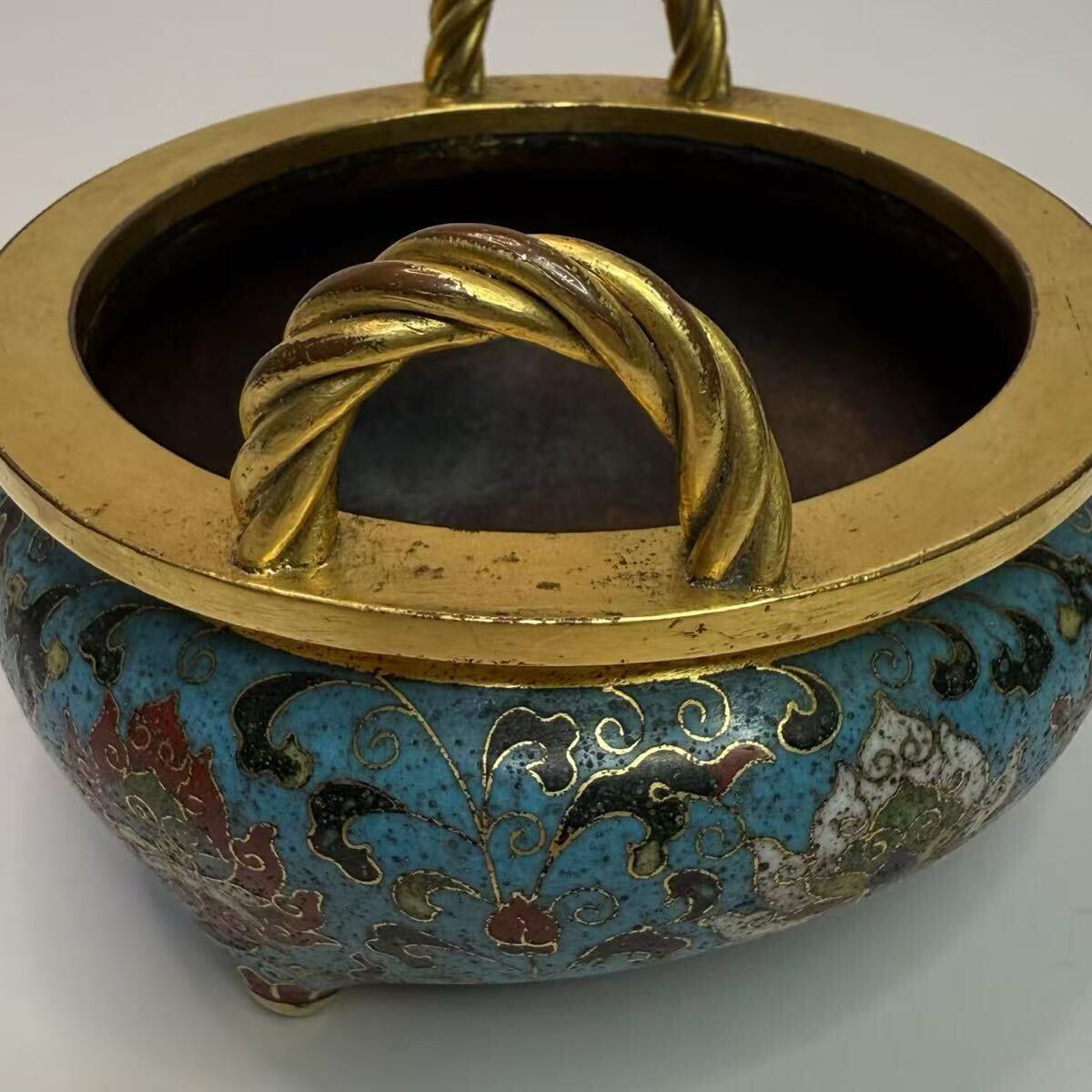 中国古美術 時代物 七宝焼 三足香炉 香炉 蓮図 鍍金 銅製 中国 中国古美術 時代物 七宝焼 三足香炉 香炉 蓮図 鍍金 銅製 中国
