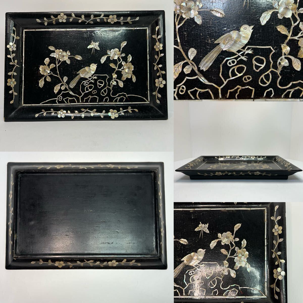 RR-中国古美術 時代物 漆芸 漆器 皿 花鳥図 長方皿 アンティーク RR-中国古美術 時代物 漆芸 漆器 皿 花鳥図 長方皿 アンティーク