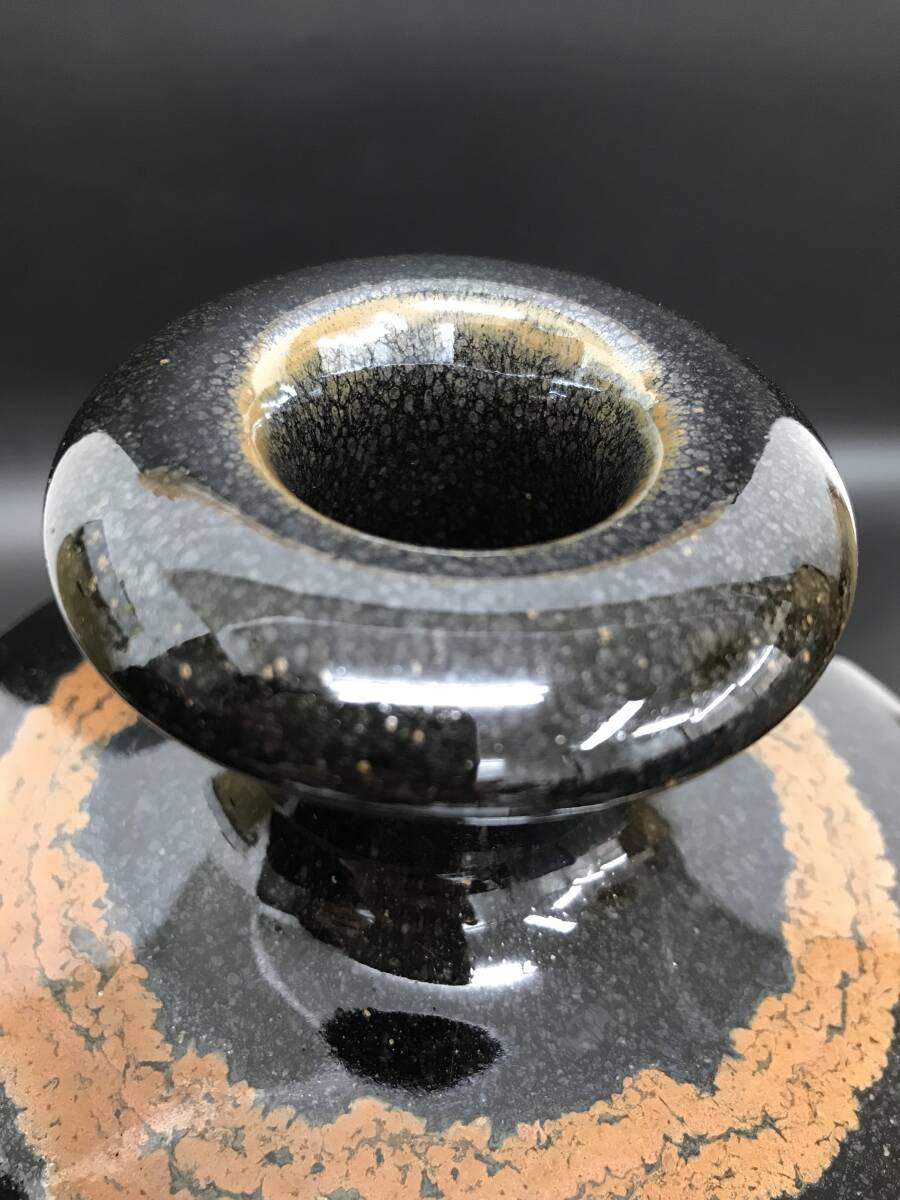 N63 人間国宝 「原清」 鉄釉 陶器 花器 花入れ 花瓶 壺 (陶磁 N63 人間国宝 「原清」 鉄釉 陶器 花器 花入れ 花瓶 壺 (陶磁