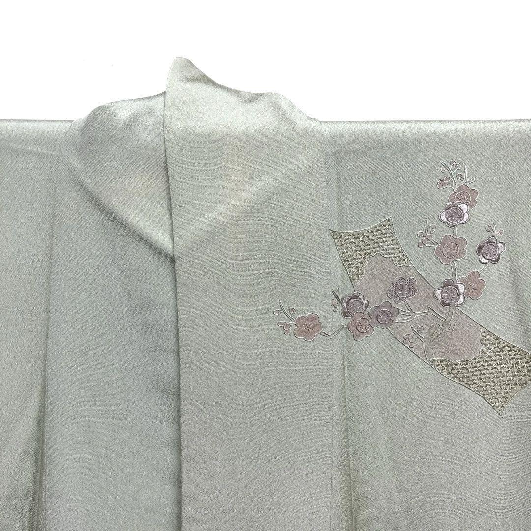付け下げ スワトウ刺繍 短冊 花 菊 梅 流水 グリーン 着物 015a 付け下げ スワトウ刺繍 短冊 花 菊 梅 流水 グリーン 着物 015a