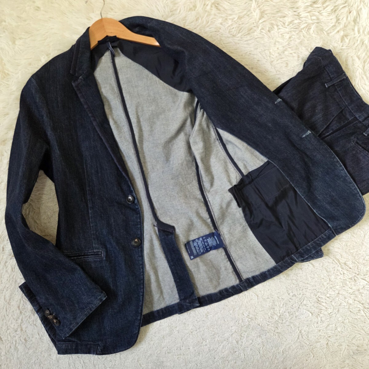 美品 アルマーニ【JEANS ストレッチ デニム セットアップ 希少サイズ48 L 相當(dāng)】GIORGIO ARMANI スーツ インディゴ ブルー メタルロゴ GA