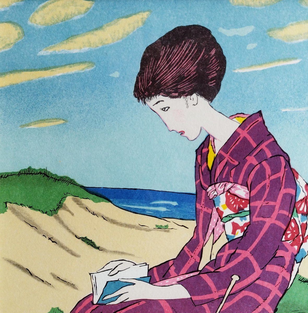 真作保証『竹久夢二 リトグラフ 秋雲流れて 120/250』額装(石