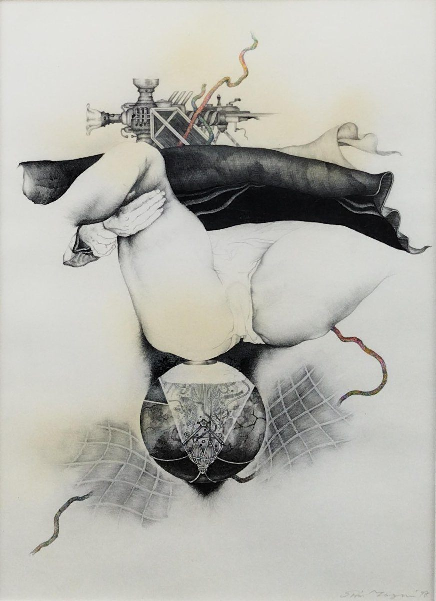 真作保証『多賀新 肉筆鉛筆畫 萌蔥色 52.5cm×41cm(額)』昭和53年 直筆サイン入 額裝