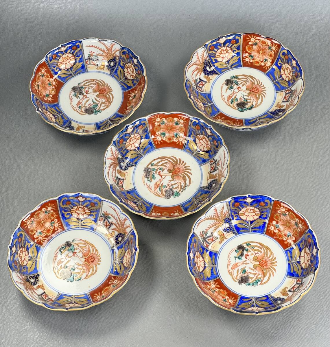 偲】古伊万里 冨貴長春 色絵金彩 中皿 染付 輪花皿 5客セット 膾 偲】古伊万里 冨貴長春 色絵金彩 中皿 染付 輪花皿 5客セット 膾