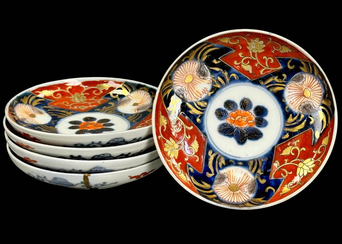 偲】古伊万里 赤絵 色絵 金彩 小皿 染付 5客 風景画 豪華 豆皿 偲】古伊万里 赤絵 色絵 金彩 小皿 染付 5客 風景画 豪華 豆皿