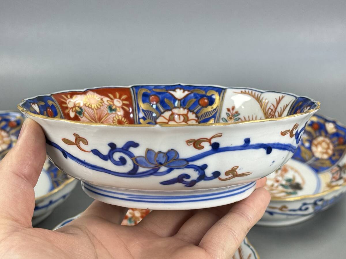 偲】古伊万里 冨貴長春 色絵金彩 中皿 染付 輪花皿 5客セット 膾 偲】古伊万里 冨貴長春 色絵金彩 中皿 染付 輪花皿 5客セット 膾