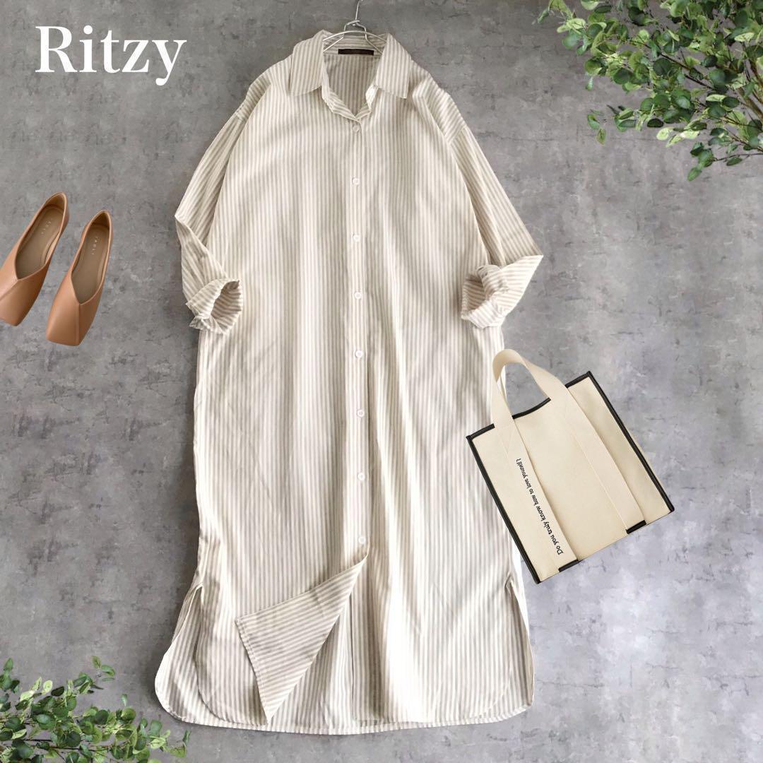 @【M】Ritzy リッツィー ストライプ 長袖 ロング シャツ ワンピース_画像1