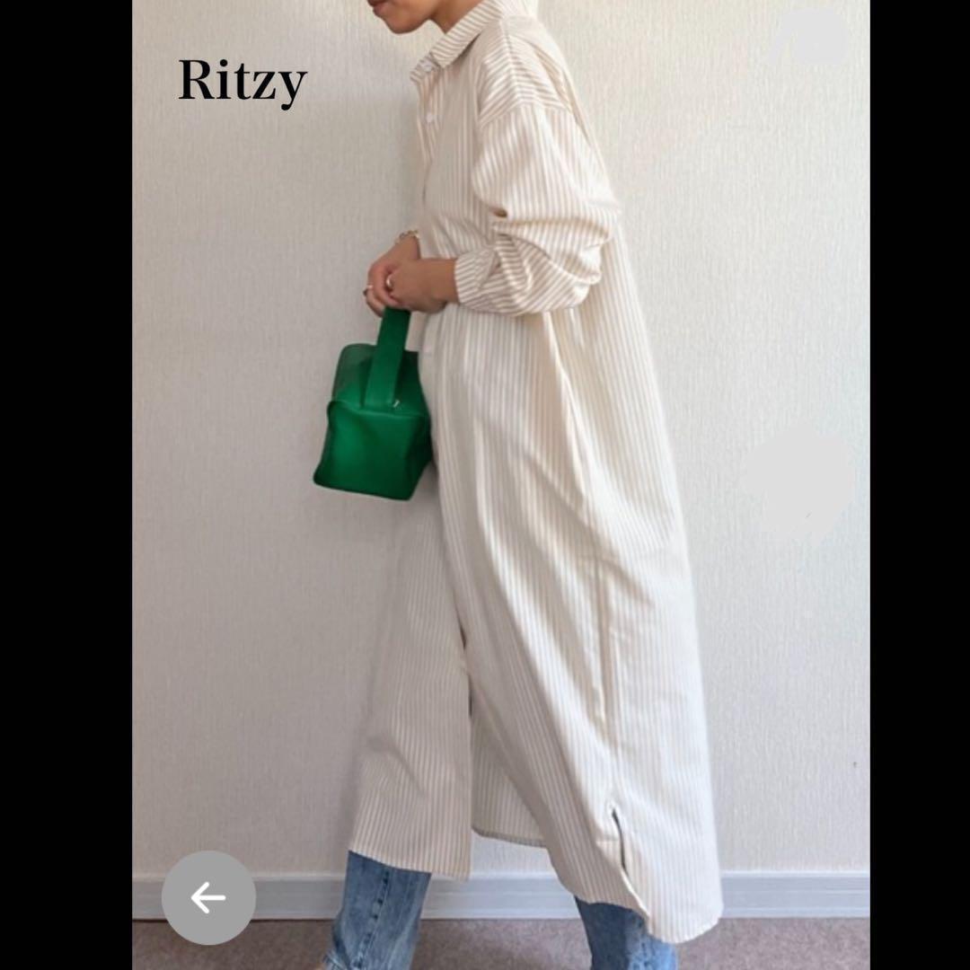 @【M】Ritzy リッツィー ストライプ 長袖 ロング シャツ ワンピース_画像2