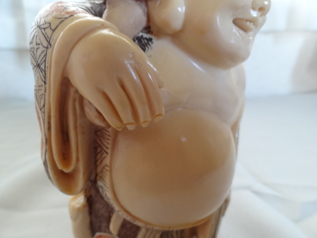 □象牙風 彫刻 布袋様 美術品 置物 オブジェ 七福神 開運 高さ約