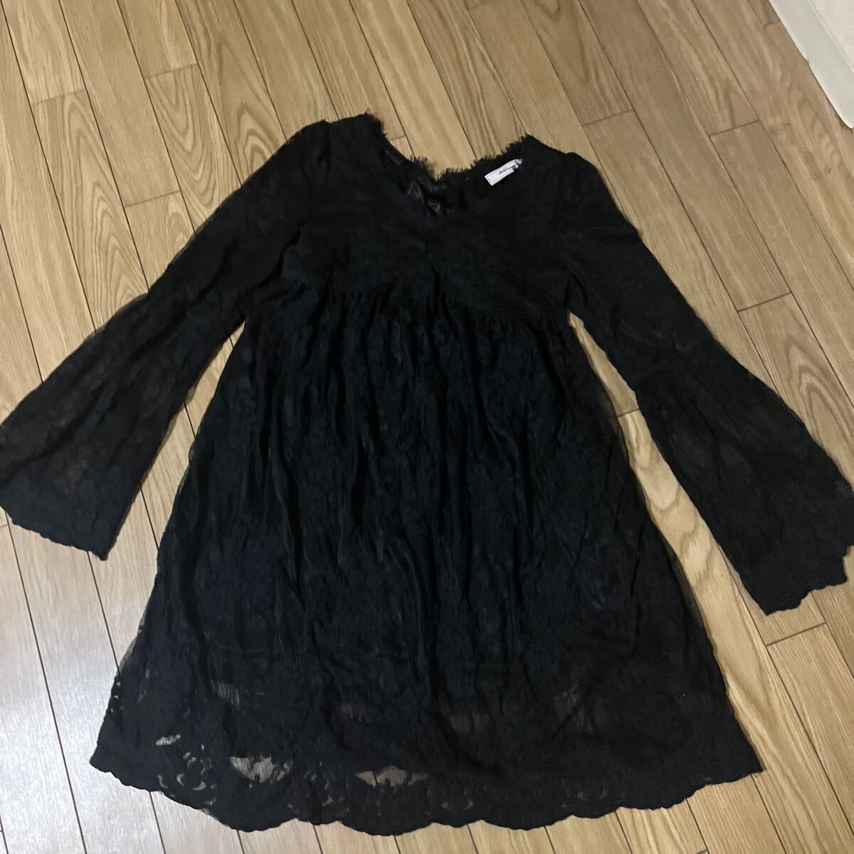 アンクルージュ レース長袖チュニックワンピース 黒M レース ミニ丈 ワンピース トップス ブラック