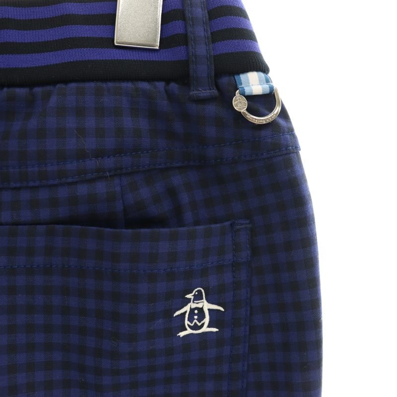 マンシングウェア MUNSINGWEAR ギンガムチェック里起毛ストレッチパンツ ストレート ゴルフウェア L 青 ブルー 黒 ブラック