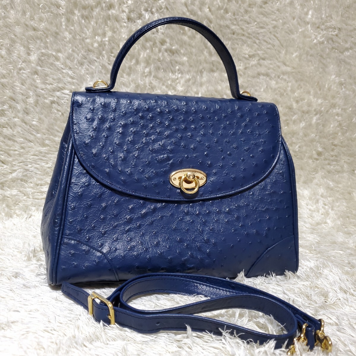 美品　オーストリッチ　2way　ハンドバッグ　ターンロック　ゴールド金具　ブルー