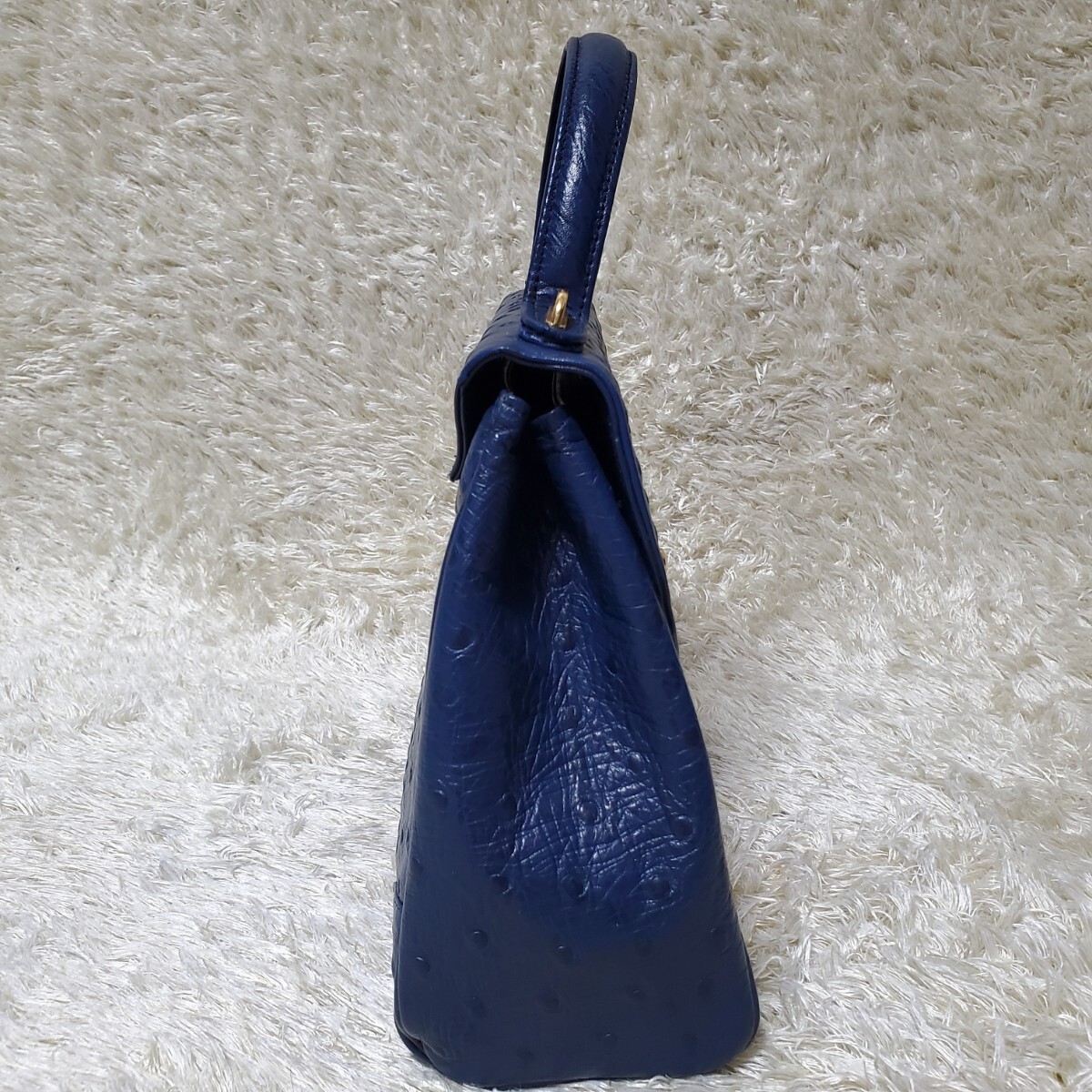 美品　オーストリッチ　2way　ハンドバッグ　ターンロック　ゴールド金具　ブルー