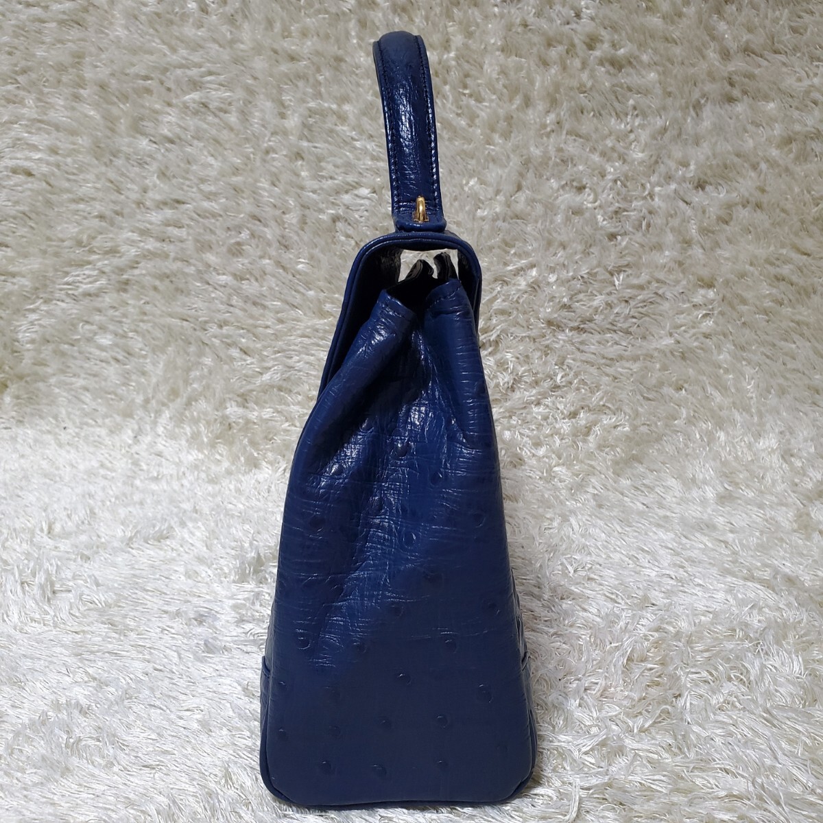 美品　オーストリッチ　2way　ハンドバッグ　ターンロック　ゴールド金具　ブルー