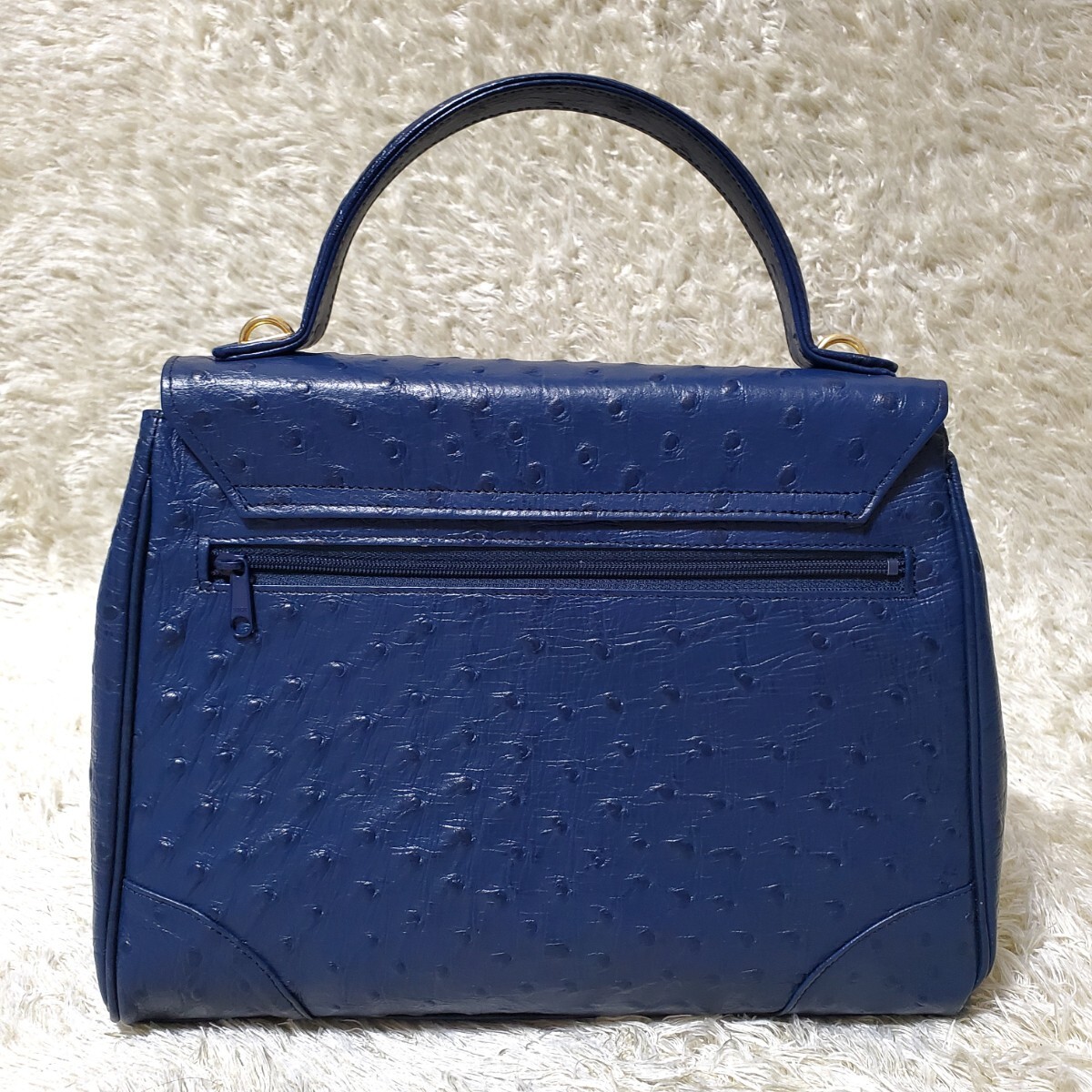 美品　オーストリッチ　2way　ハンドバッグ　ターンロック　ゴールド金具　ブルー