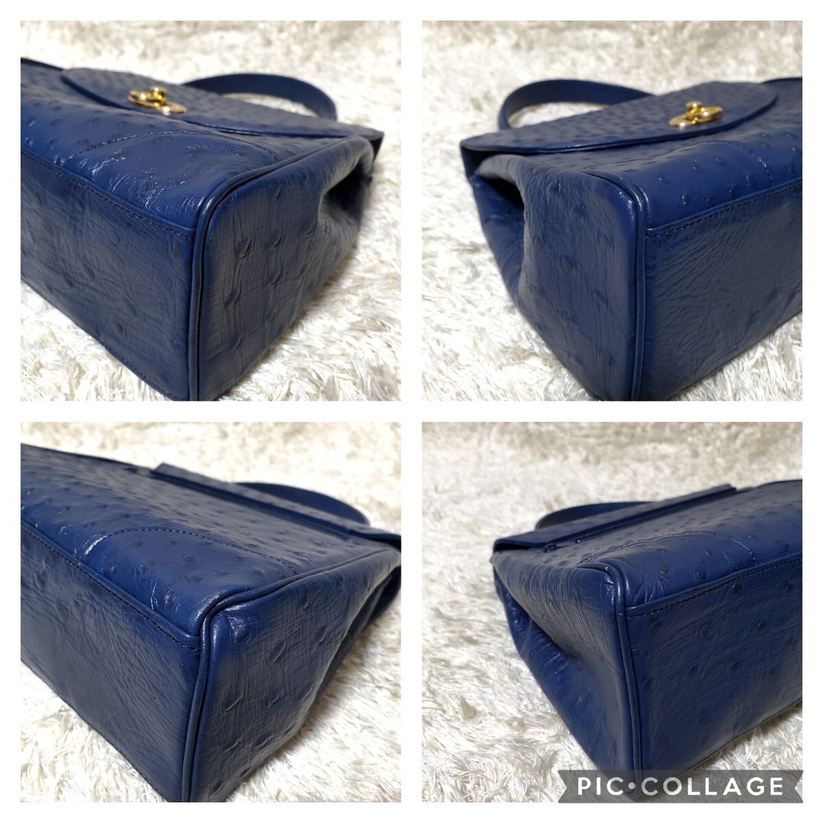 美品　オーストリッチ　2way　ハンドバッグ　ターンロック　ゴールド金具　ブルー