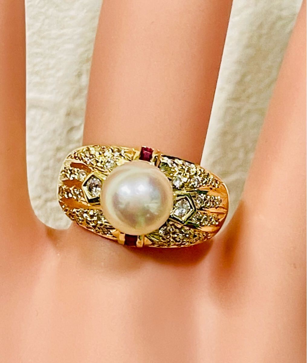 ☆K18 パール8.2mm&ダイヤ&ルビー付きリング 12號☆